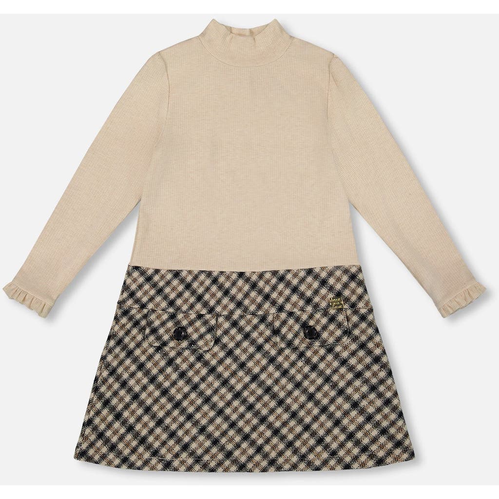 Deux Par Deux Long Sleeve Bi-material Mock Neck Dress And Plaid In Brown