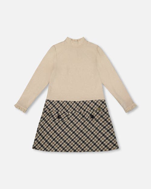 Deux Par Deux Long Sleeve Bi-material Mock Neck Dress And Plaid In Neutral