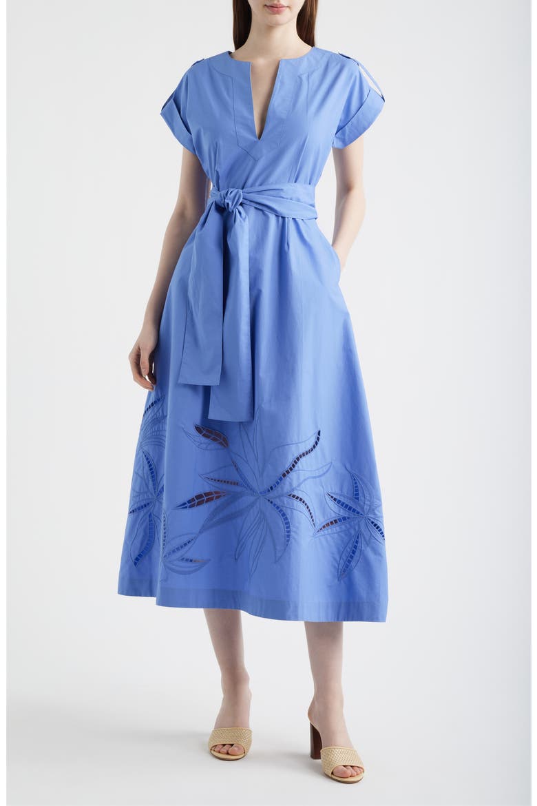 Ladder Stitch Embroidered Tie Belt Cotton Poplin Midi Dress, Main, color, PERIWINKLE