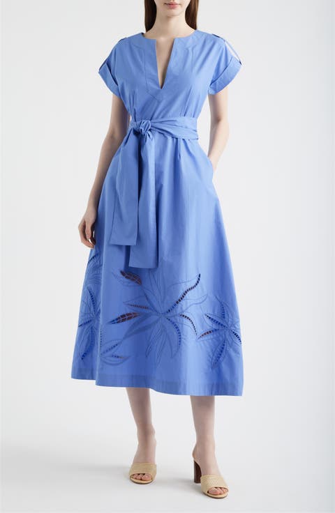 Ladder Stitch Embroidered Tie Belt Cotton Poplin Midi Dress
