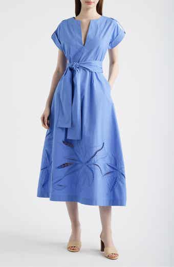 Ladder Stitch Embroidered Tie Belt Cotton Poplin Midi Dress
