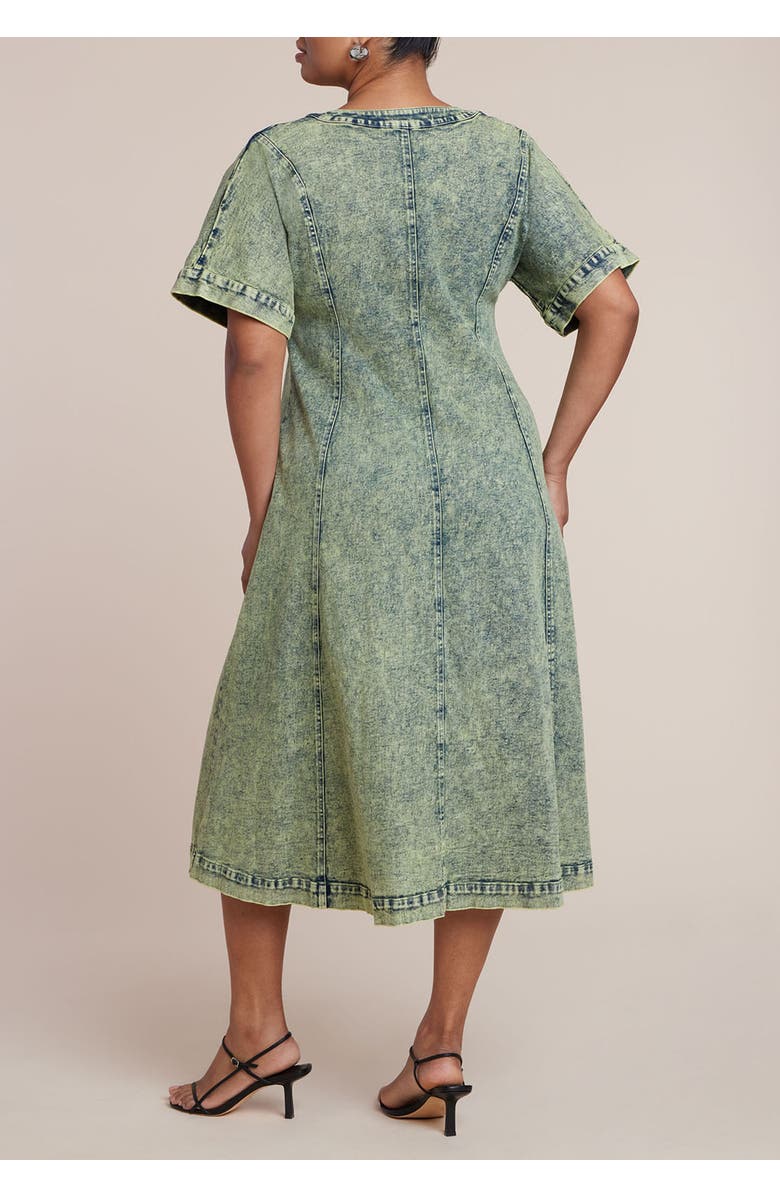 ELOQUII V Neck Flare Denim Dress, Alternate, color, Green Snow Wash