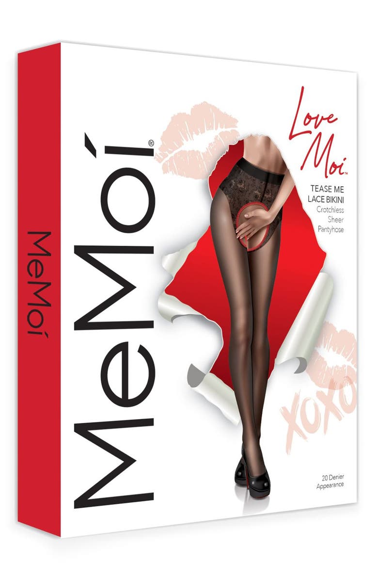 MeMoi Tease Me Lace Crotchless Tights, Alternate, color, Black-Red