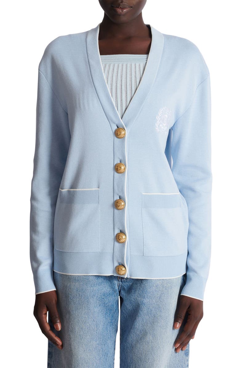 Balmain Emblème-Embroidered Knit Cardigan, Alternate, color, Blue
