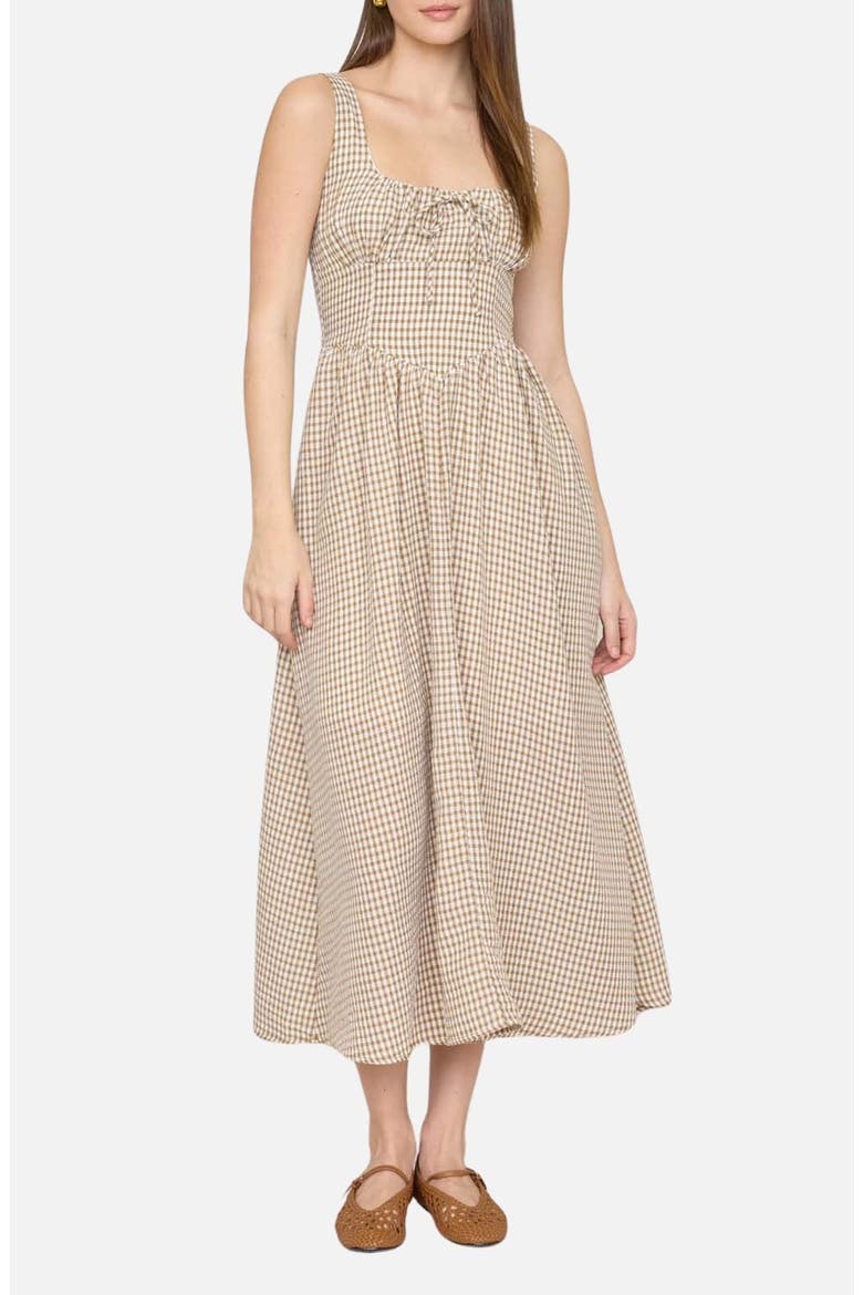 Gingham Fit & Flare Midi Dress, Main, color, BROWN