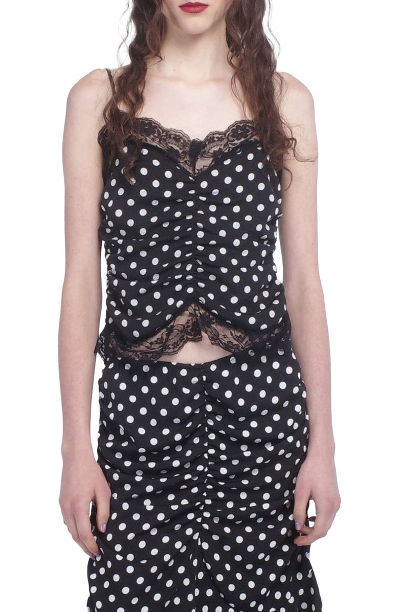 Anna Sui Polka Dot Ruched Lace Camisole, Main, color, Black Multi