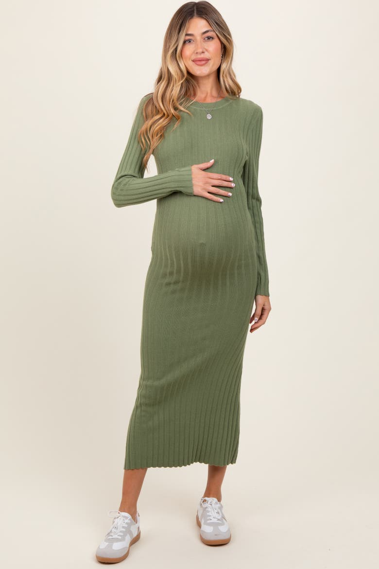 Ribbed Knit Fitted Midi Sweater Dress, Main, color, Olive Green