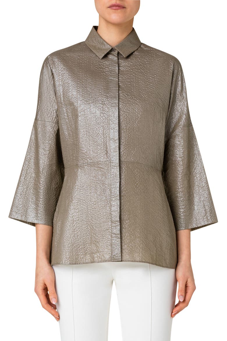 Metallic Coated Cotton Seersucker Blouse, Main, color, 158 KHAKI