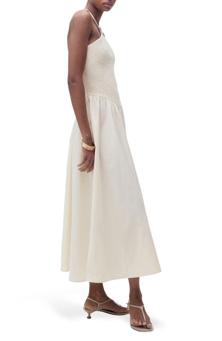 MANGO Smocked Sleeveless Midi Dress, Alternate, color, Ecru