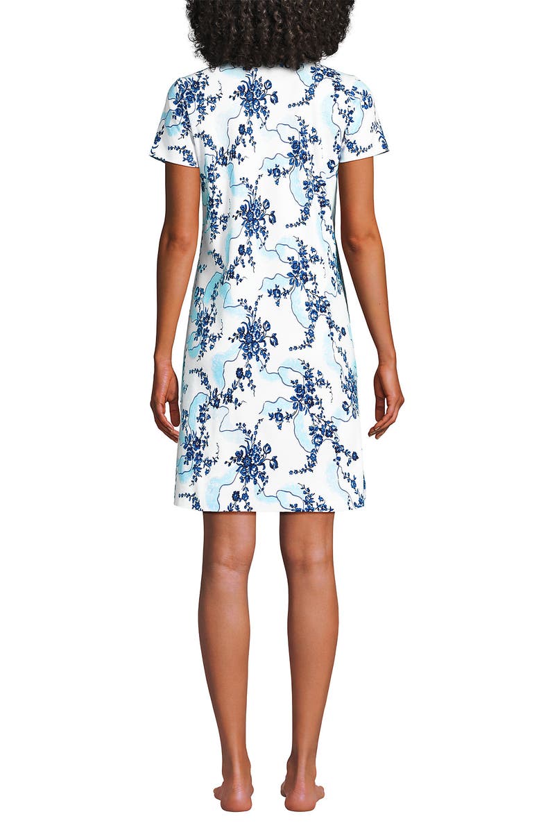 Lands' End Cotton Short Sleeve Knee Length Nightgown, Alternate, color, White/Muted Cobalt Lace Floral