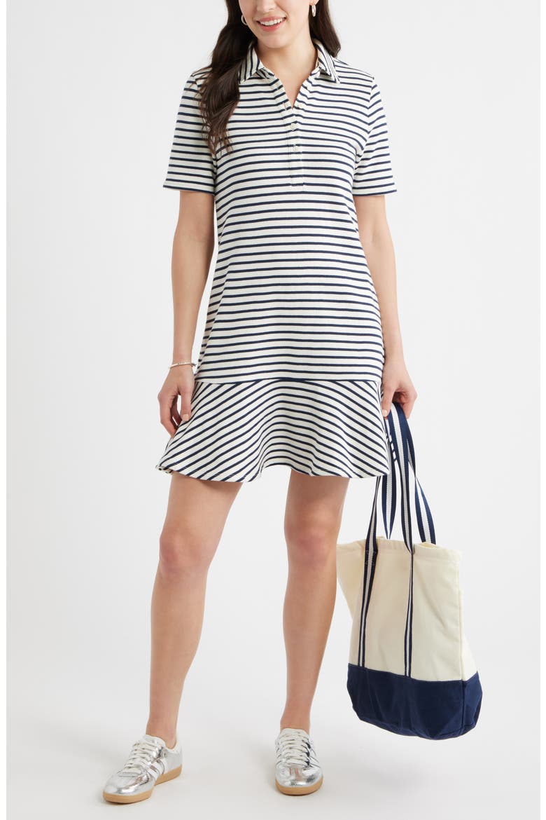 Henley Short Sleeve Polo Dress, Alternate, color, IVORY- NAVY STRIPE