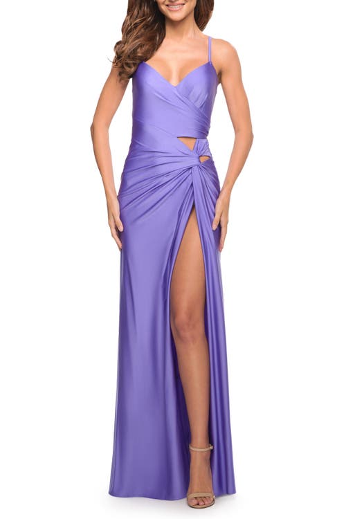 La Femme Prom Dress With Cut Outs At Hip And High Slit In Periwinkle