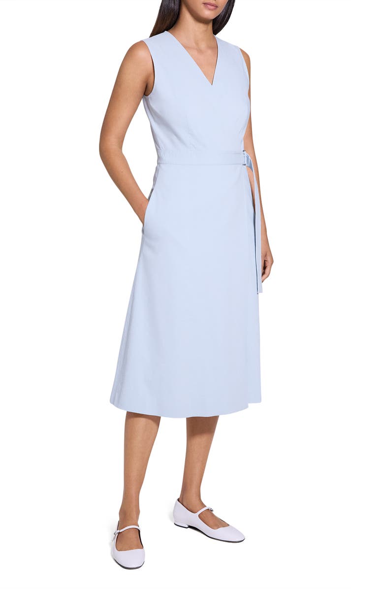 Theory Sleeveless Linen Blend Wrap Dress, Alternate, color, Pearl Blue