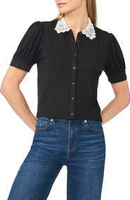 CeCe Scalloped Lace Collar Short Sleeve Shirt