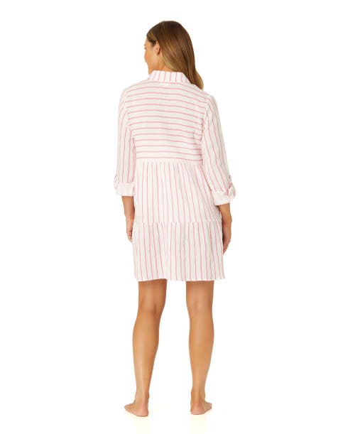 Anne Cole Button Front Long Sleeve Tiered Dress Cover Up In Pink Cosmos Stripe
