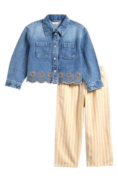 Kids' Embroidered Denim Jacket & Stripe Pants Set (Toddler & Little Kid)