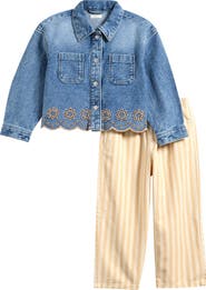 NEXT Kids' Embroidered Denim Jacket & Stripe Pants Set