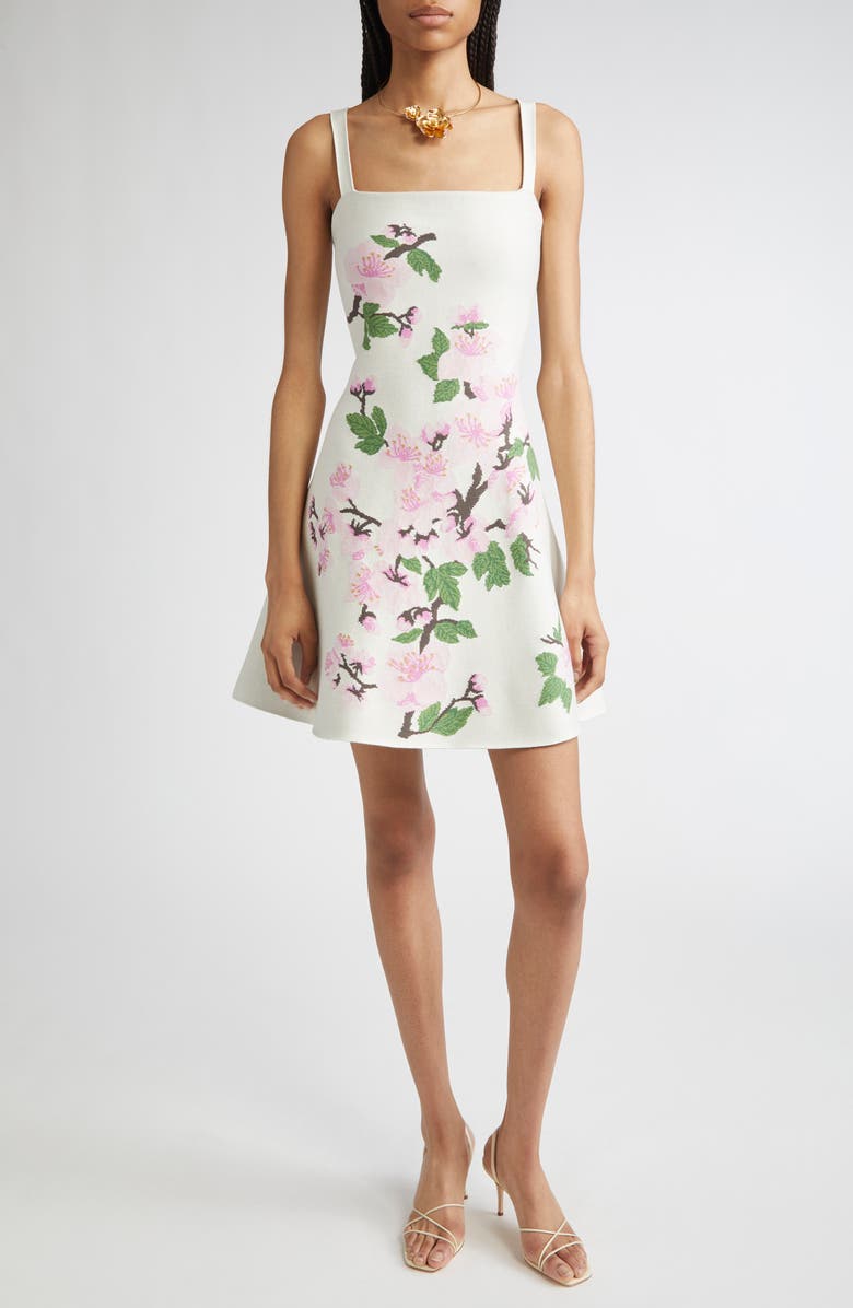 Oscar de la Renta Cherry Blossom Jacquard Knit Fit & Flare Dress, Main, color, Pink/ Ecru