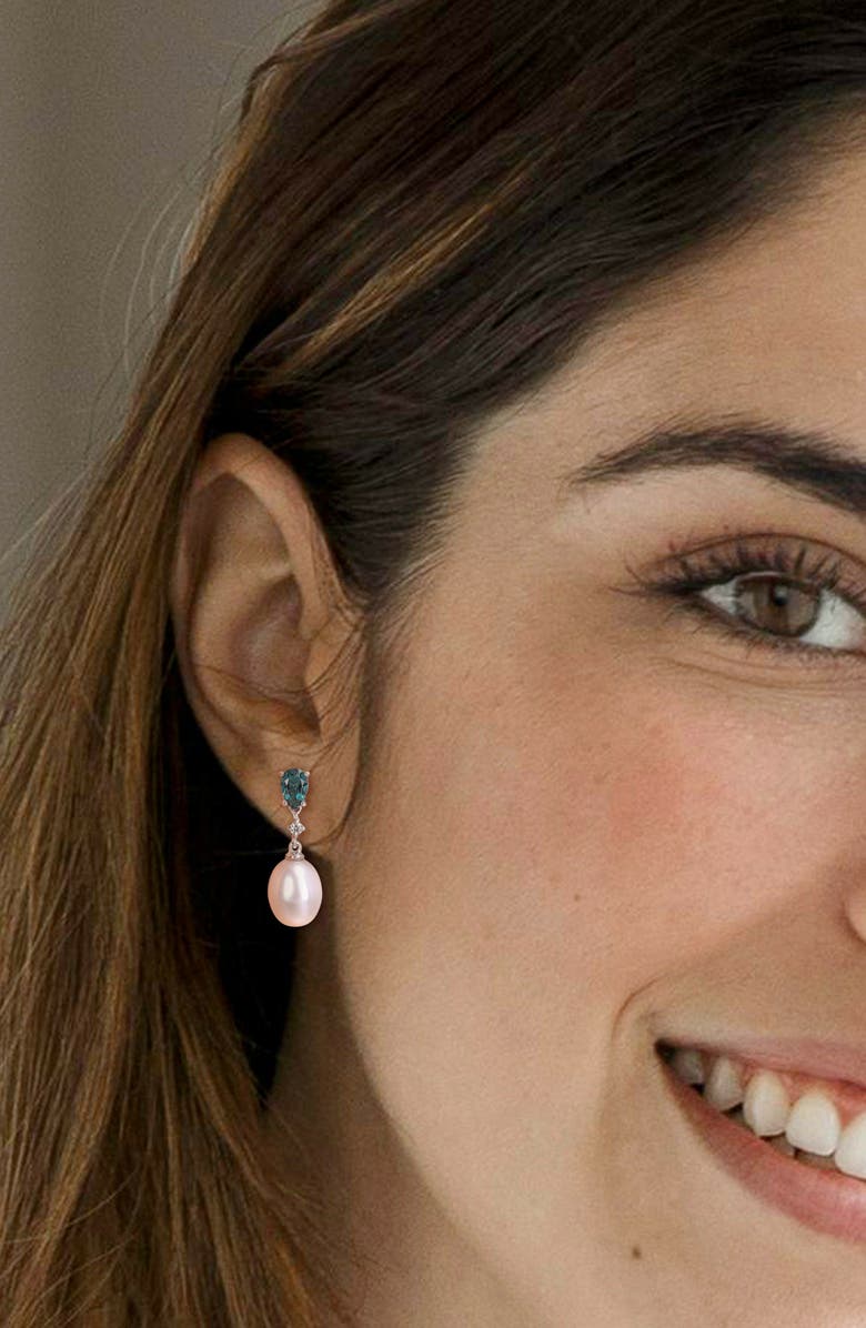 DELMAR Diamond, Blue Topaz & 8-8.5mm Cultured Pearl Drop Earrings, Alternate, color,