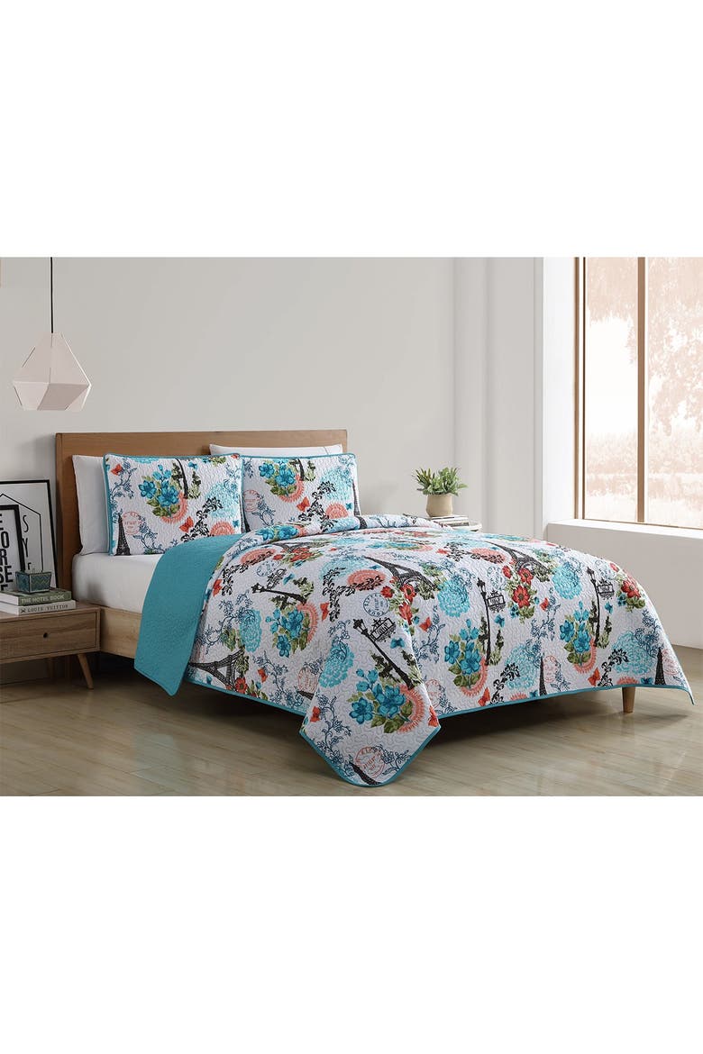 Eiffel Reversible Quilt Set - King, Alternate, color, BLUE