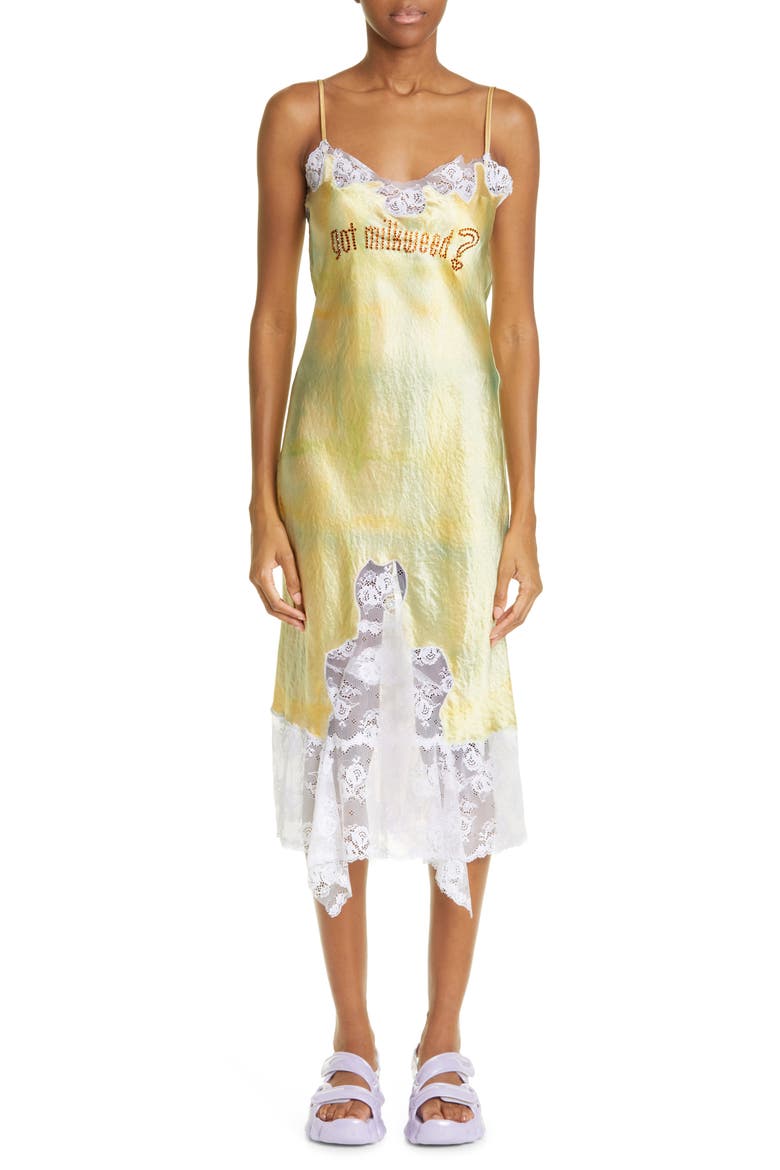 Ammi Lace Detail Handkerchief Hem Satin Slipdress, Main, color, BUTTER PLAID