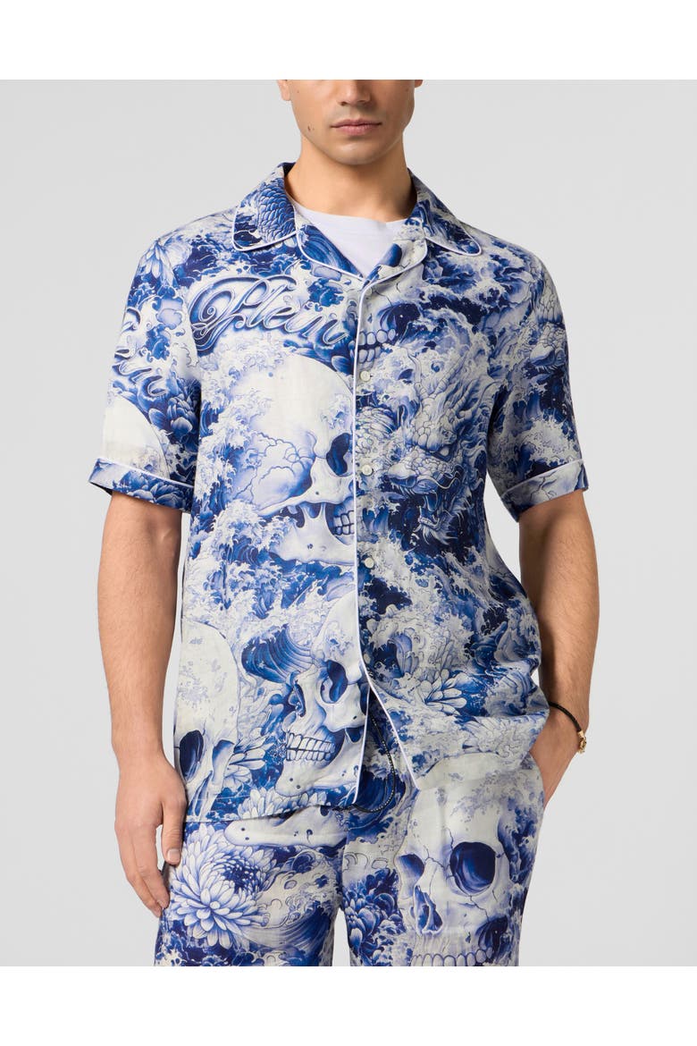 Linen Bowling Shirt All-Over Ceramic Men, Main, color, navy