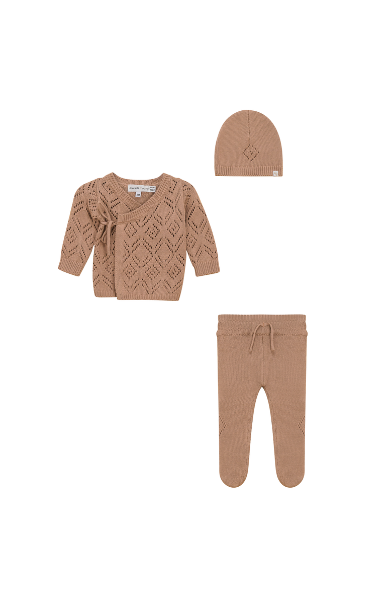 Charlotte & George Pointelle Knit 3 Piece Top, Pants and Hat Set, Main, color, Maple Sugar