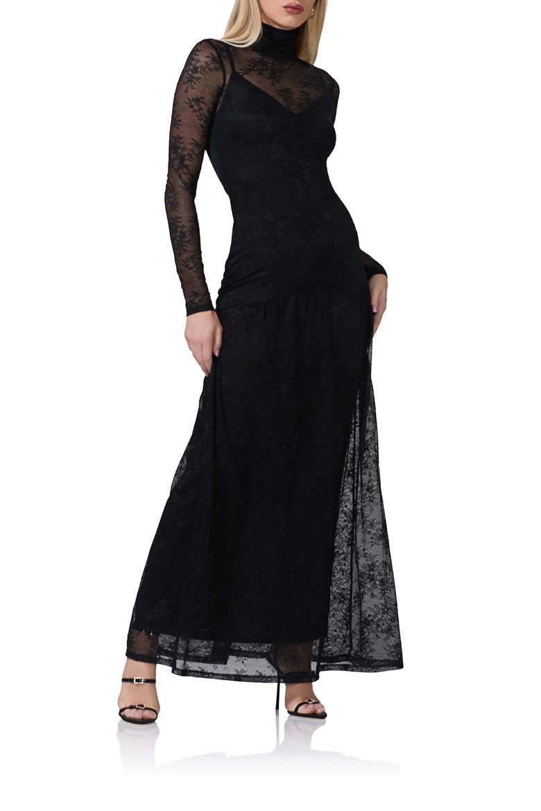 Billie Long Sleeve Sheer Lace Maxi Dress, Main, color, NOIR