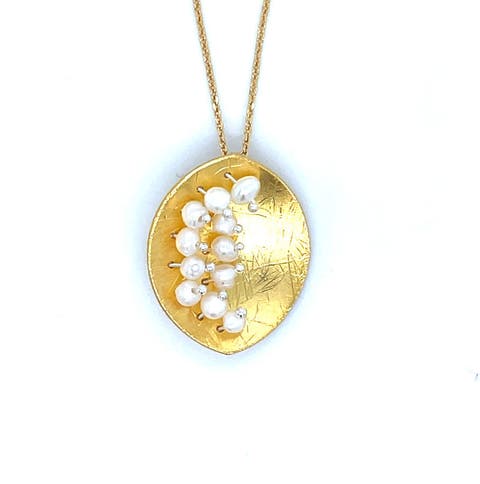 Leaf Mars Necklace, Sterling Silver with Gold Plate & Fresh Water Pearls