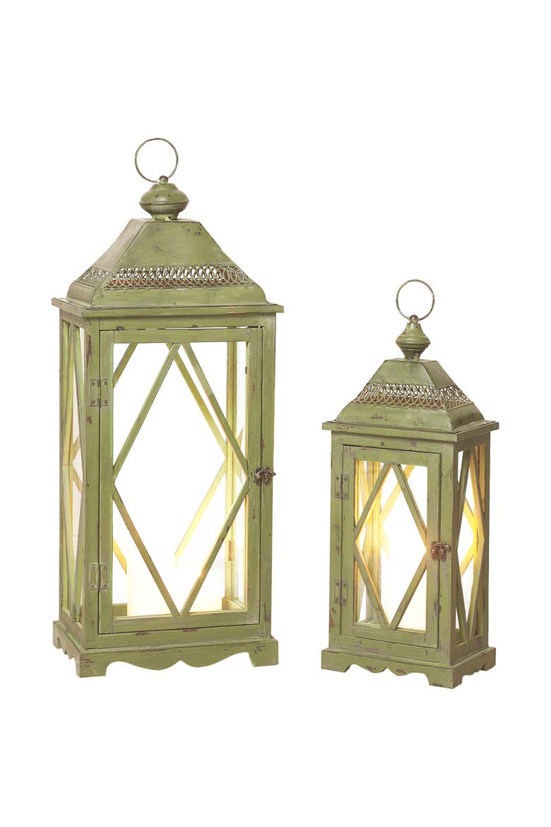 30 Inch Brown Spring Traditional Lanterns Set of 2 Glass Candle Holders for Home Decor, Main, color, Green