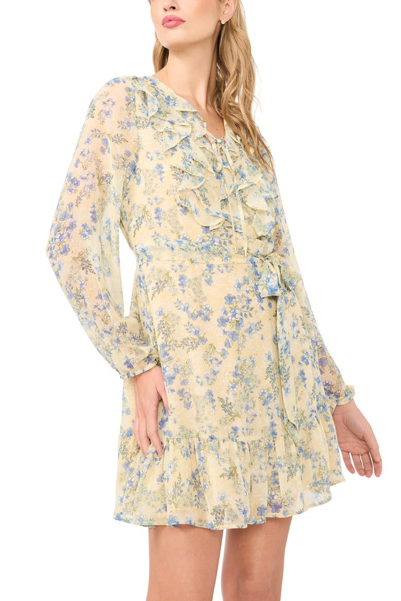 Floral Print Long Sleeve Minidress, Alternate, color, PASTEL YELLOW