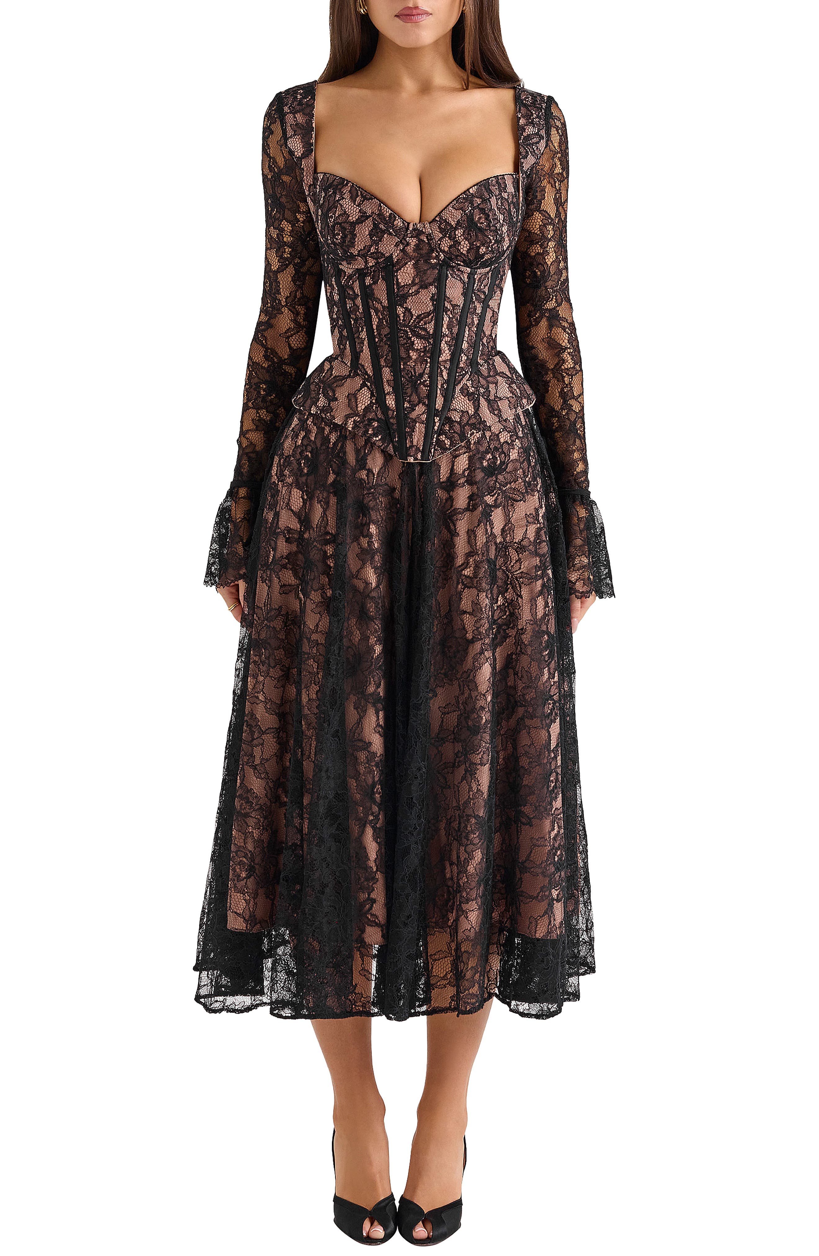 House Of Cb Raquel Long Sleeve Lace Corset Dress In Black | ModeSens