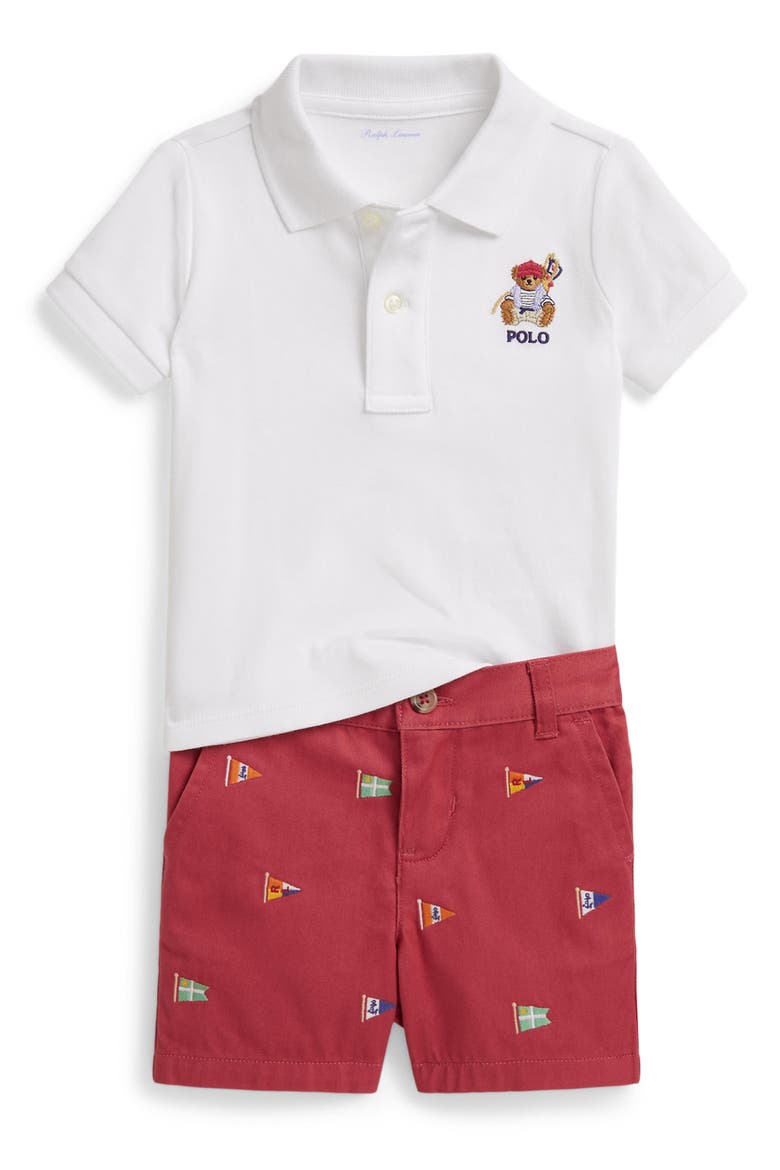 Bear Cotton Polo & Shorts Set, Main, color, WHITE