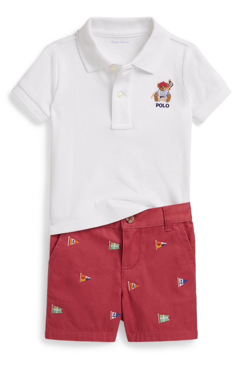 Ralph Lauren Bear Cotton Polo & Shorts Set, Main, color, White