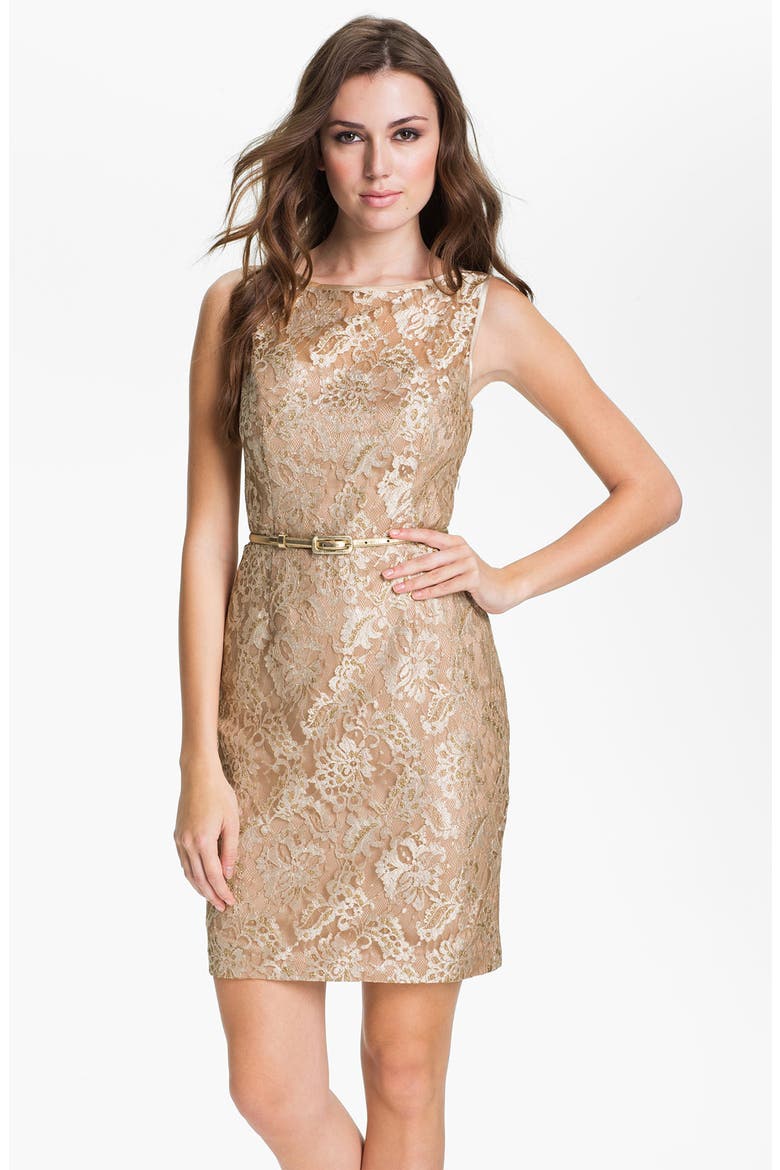 Back Cutout Metallic Lace Sheath Dress, Main, color, GOLD