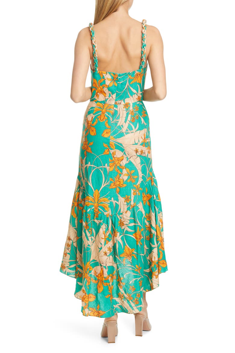 Twist Strap Print Linen Midi Dress, Alternate, color, CARRIBEAN AQUA/ MANGO ORANGE