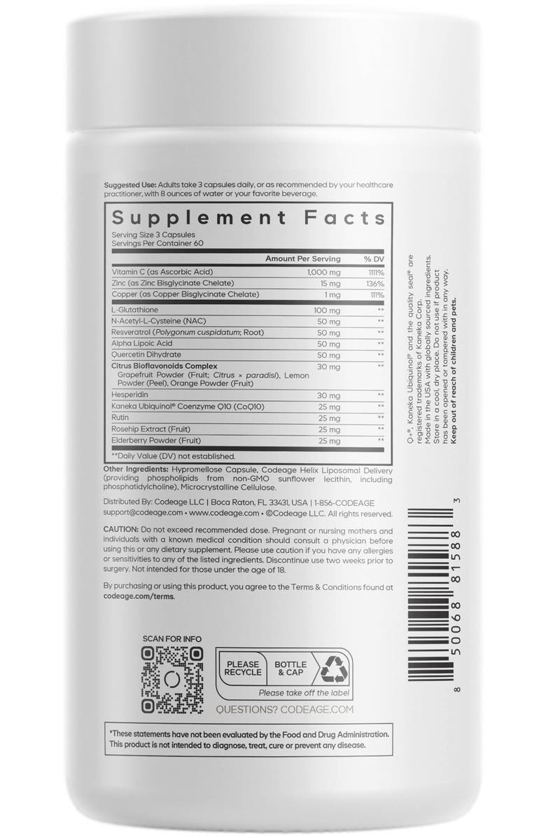 Codeage Liposomal Vitamin C+ Platinum, NAC, Glutathione, Alternate, color, White