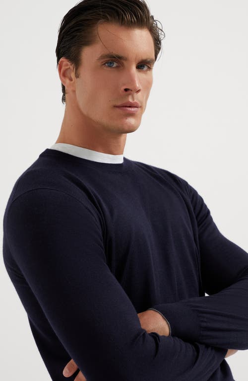 Brunello Cucinelli Wool Cashmere Crewneck Sweater In Navy Blue