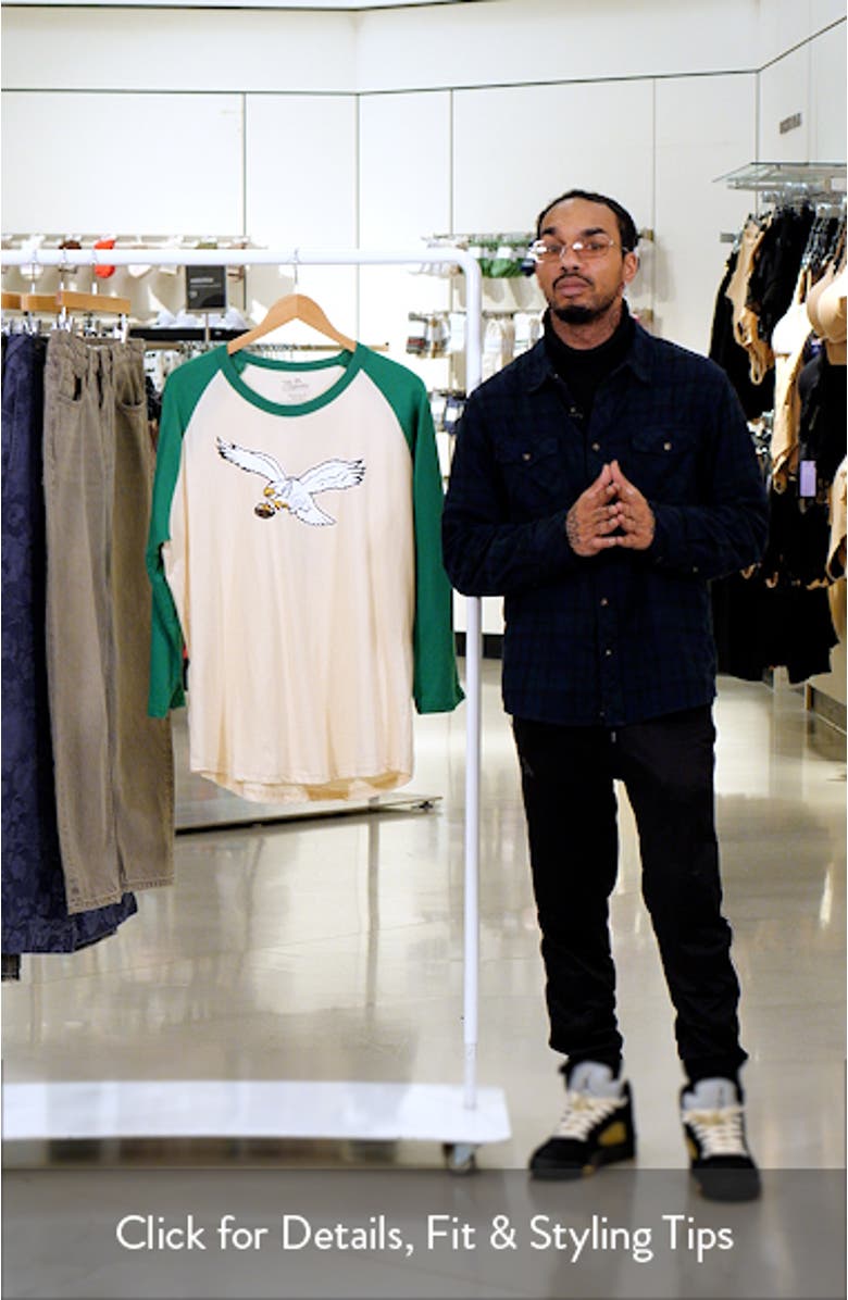 Men's Majestic Threads Jalen Hurts Cream/Kelly Green Philadelphia Eagles Alternate Player Name & Number Raglan 3/4-Sleeve T-Shirt, sales video thumbnail