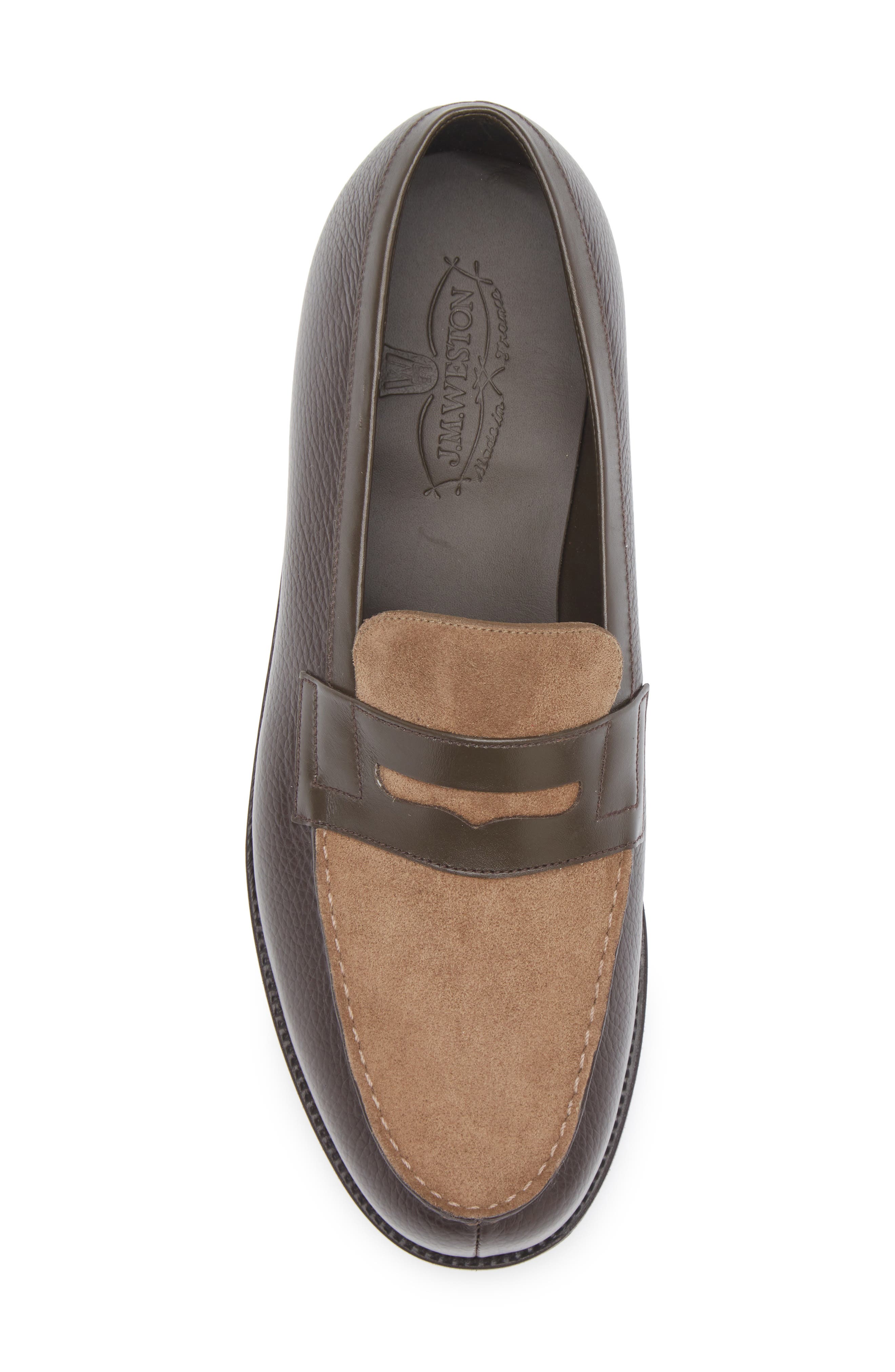 JM WESTON 180 Colorblock Penny Loafer, Alternate, color, Dark Brown/ Brown Suede
