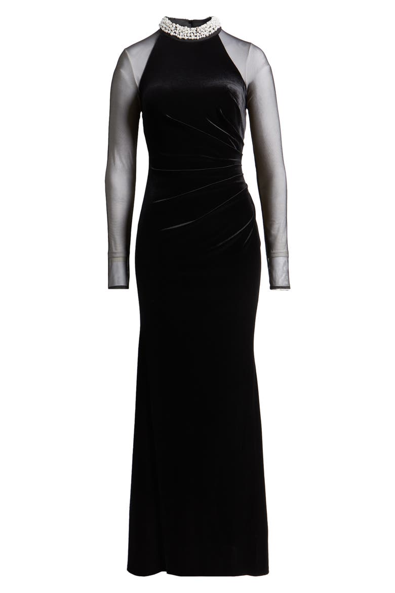 Embellished Ruched Long Sleeve Velvet Gown, Alternate, color, BLACK