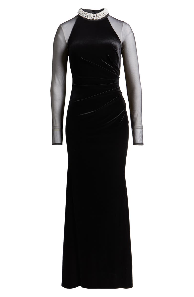 Eliza J Embellished Ruched Long Sleeve Velvet Gown, Alternate, color, Black