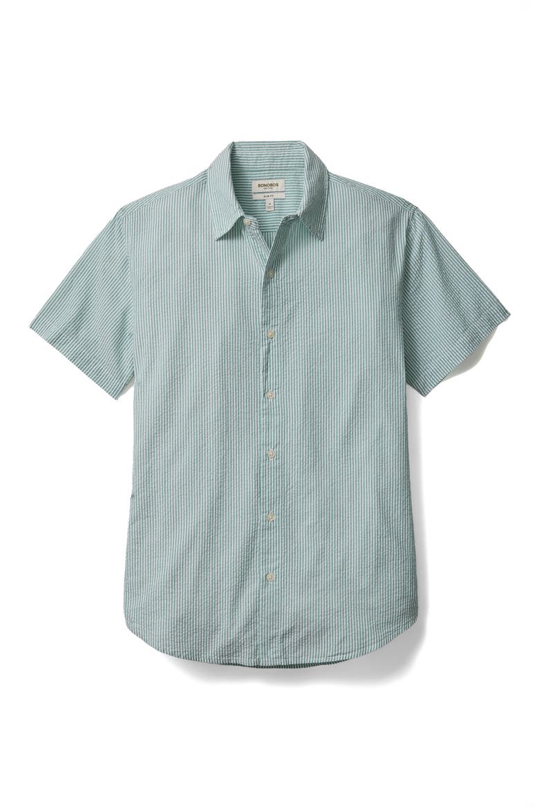Riviera Slim Fit Dot Short Sleeve Button-Up Shirt, Alternate, color, CHELSEA STRIPE GREEN