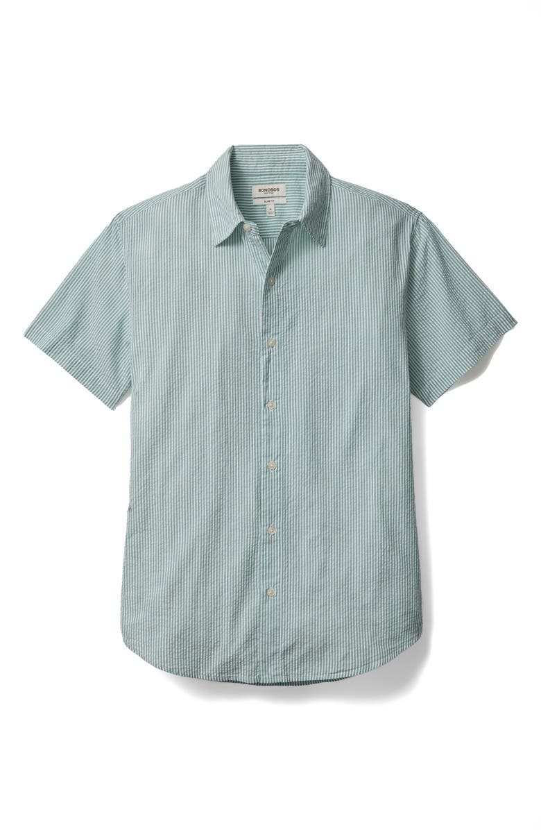 Bonobos Riviera Slim Fit Stripe Short Sleeve Cotton Seersucker Button-Up Shirt, Alternate, color, Chelsea Stripe Green