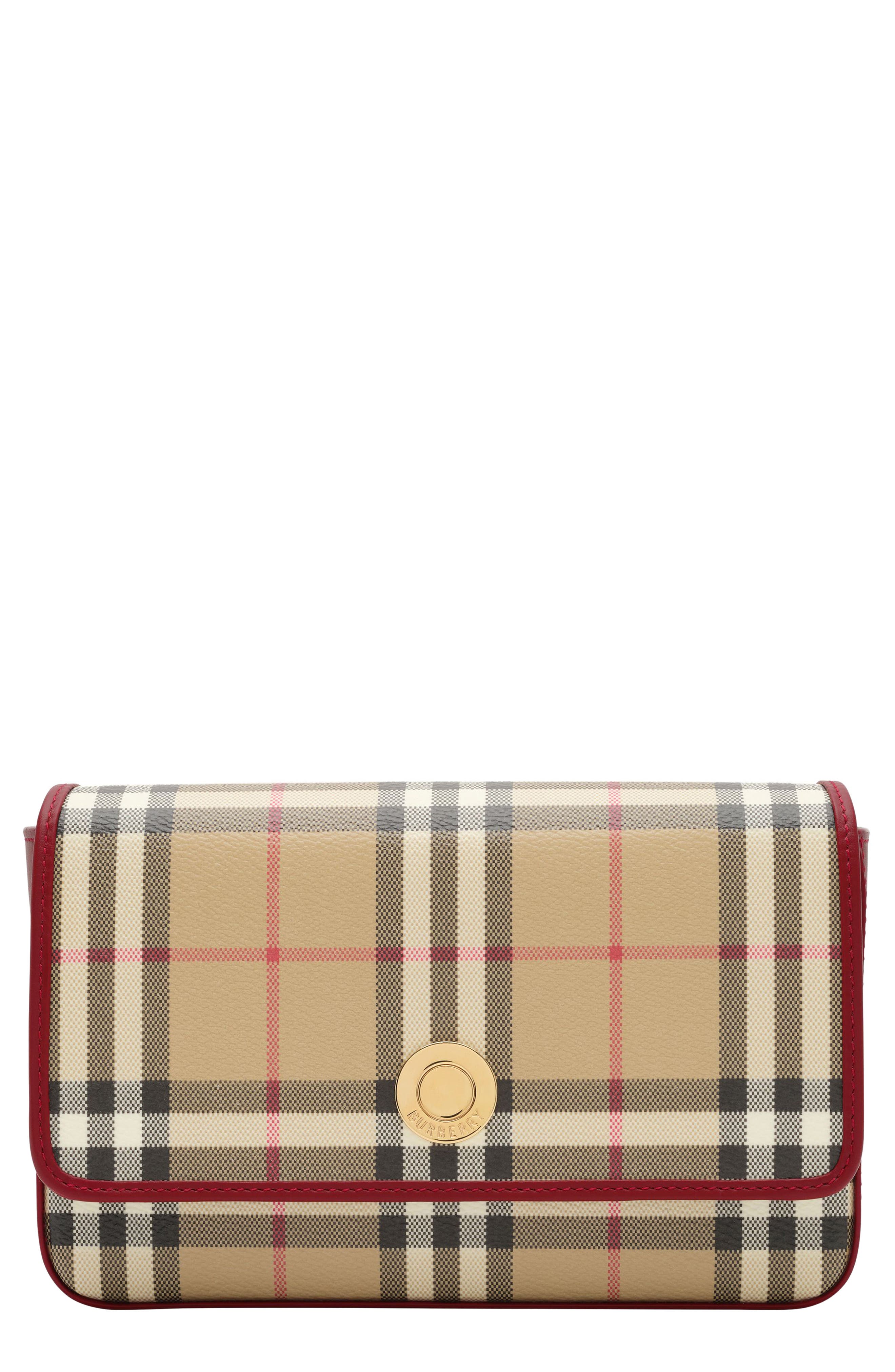 Burberry Hampshire Check Coated Canvas Crossbody Bag, Main, color, Vintage Check/ Ruby