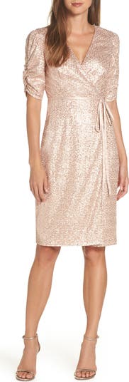 eliza j sequin wrap dress Sequin Balloon Sleeve Faux Wrap Dress (Women)