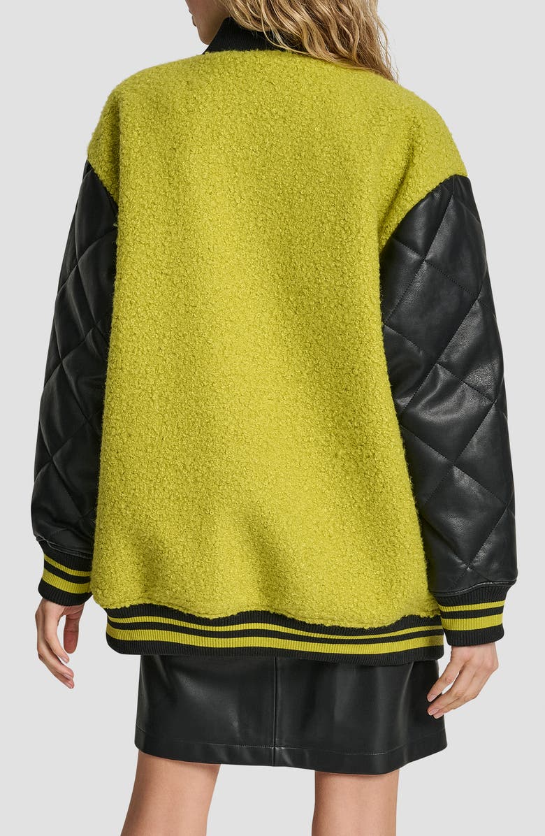 DKNY Logo Bouclé & Faux Leather Varsity Jacket, Alternate, color, Citronella