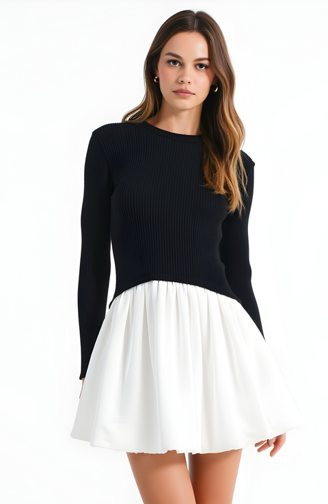 Knit and Woven Fit-and-Flare Mini Dress with Ribbed Long Sleeve Top