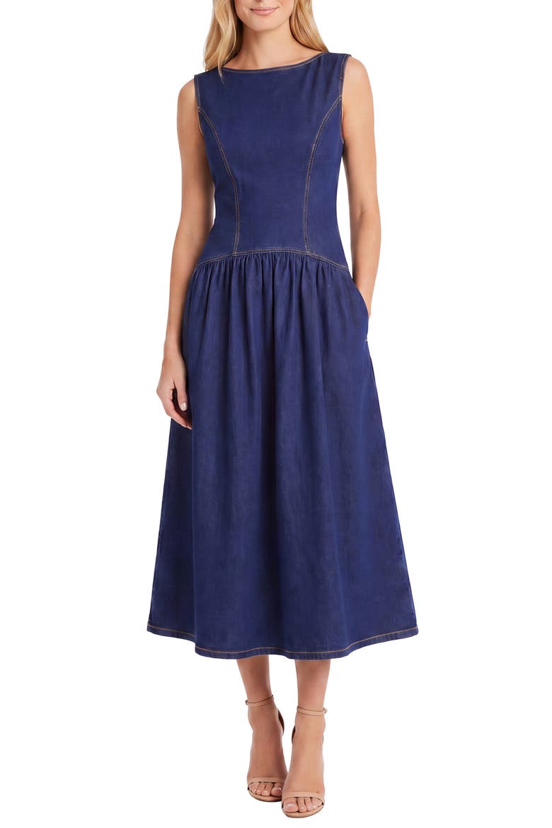 Drop Waist Cotton Blend Denim Midi Dress, Main, color, DARK WASH