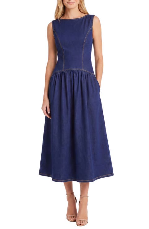 Drop Waist Cotton Blend Denim Midi Dress